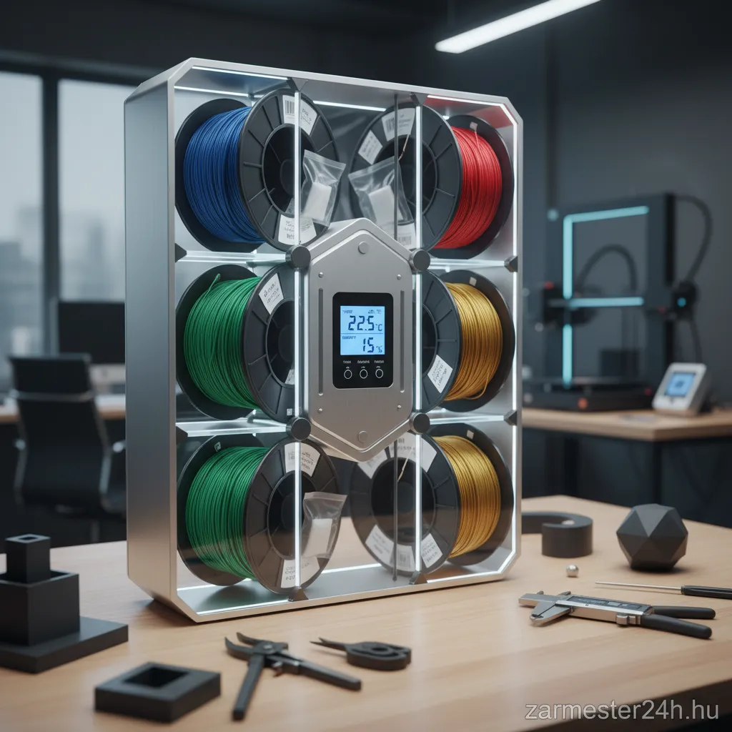 3D nyomtató filamentek szakszerűen tárolva egy lezárt dobozban