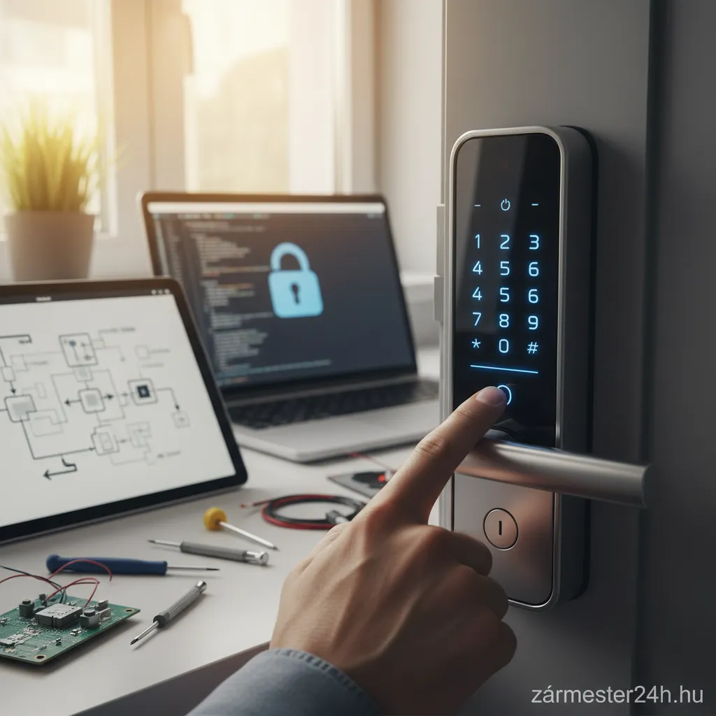 Szakember egy modern digitális zár programozását végzi egy okostelefon segítségével.