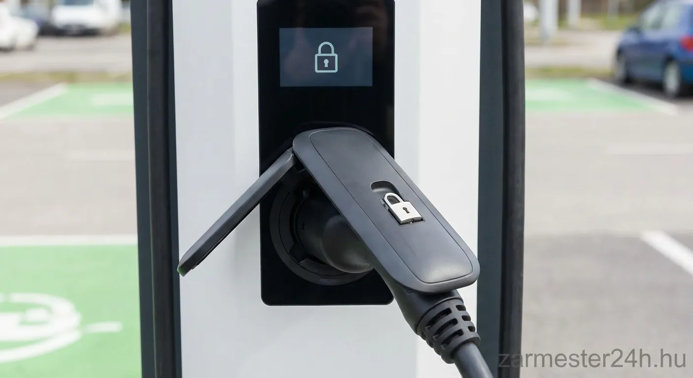 Elektromos töltőállomás zárak működés közben csatlakoztatott kábellel