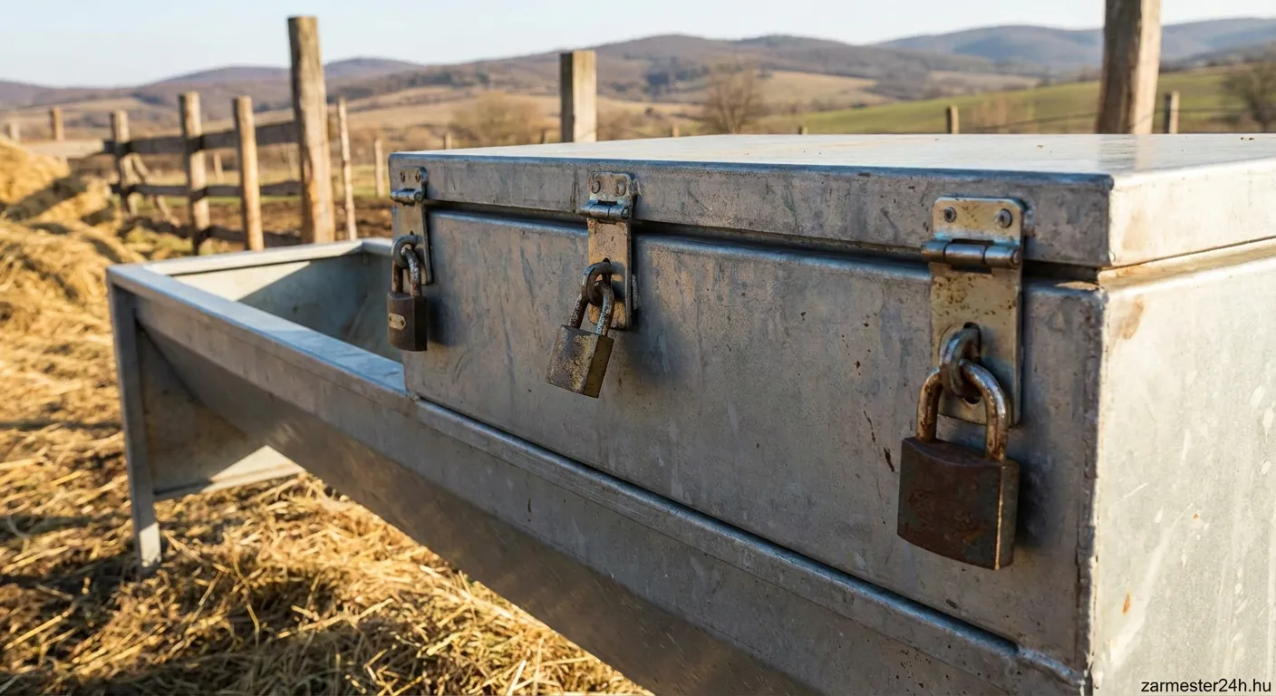 Etetővályú tároló lakat és biztonsági fém zár felszerelése takarmányos ládára