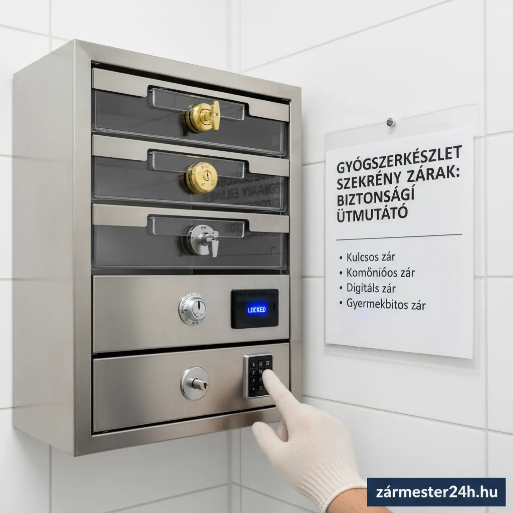 Modern, számkombinációs gyógyszerszekrény zár közelről