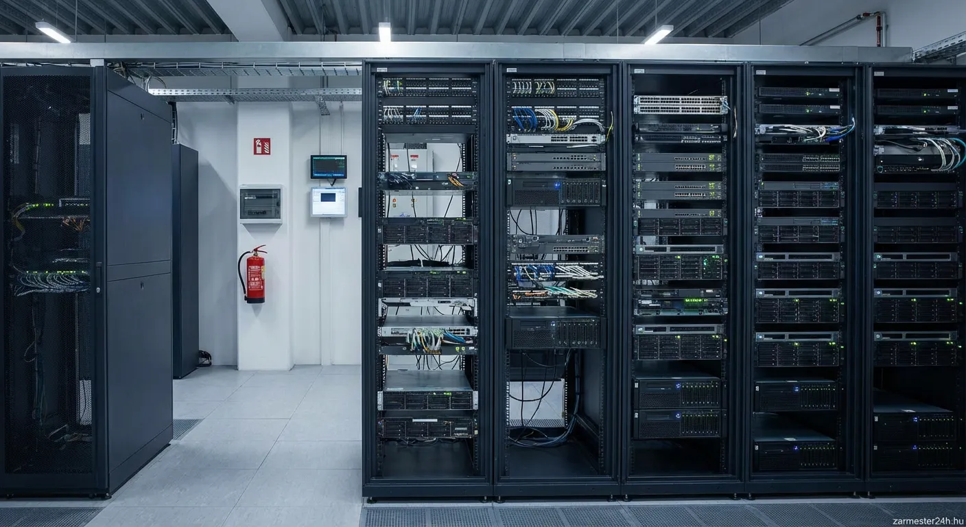 Modern hálózati szoba rack szekrény rendezett kábelezéssel és hűtéssel