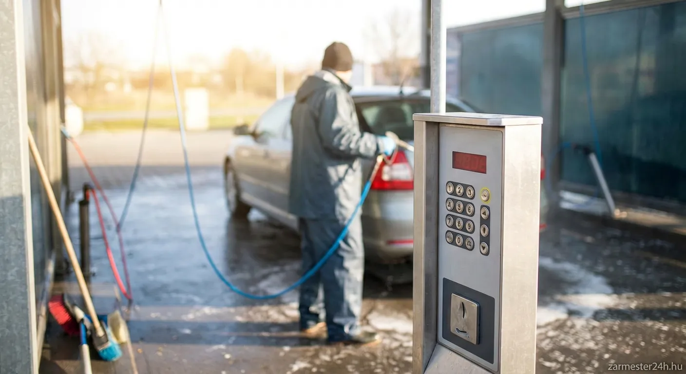 Modern kézi autómosó érme automata és vezérlőpanel közelről
